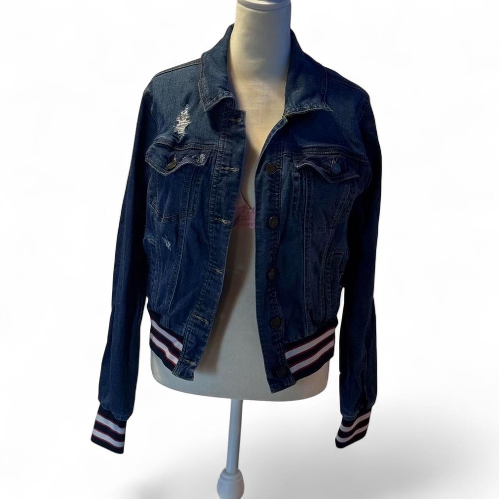 Refuge Bomber Trucker Distressed Denim Jacket Size L Striped Cuff & Hem